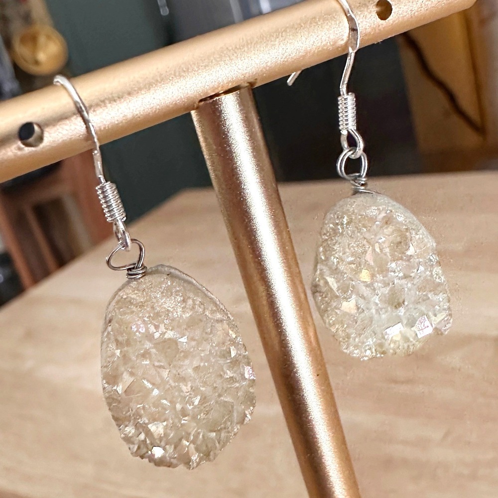 Druzy Quartz Earrings 925 Sterling Silver Earwires Natural 3/4"